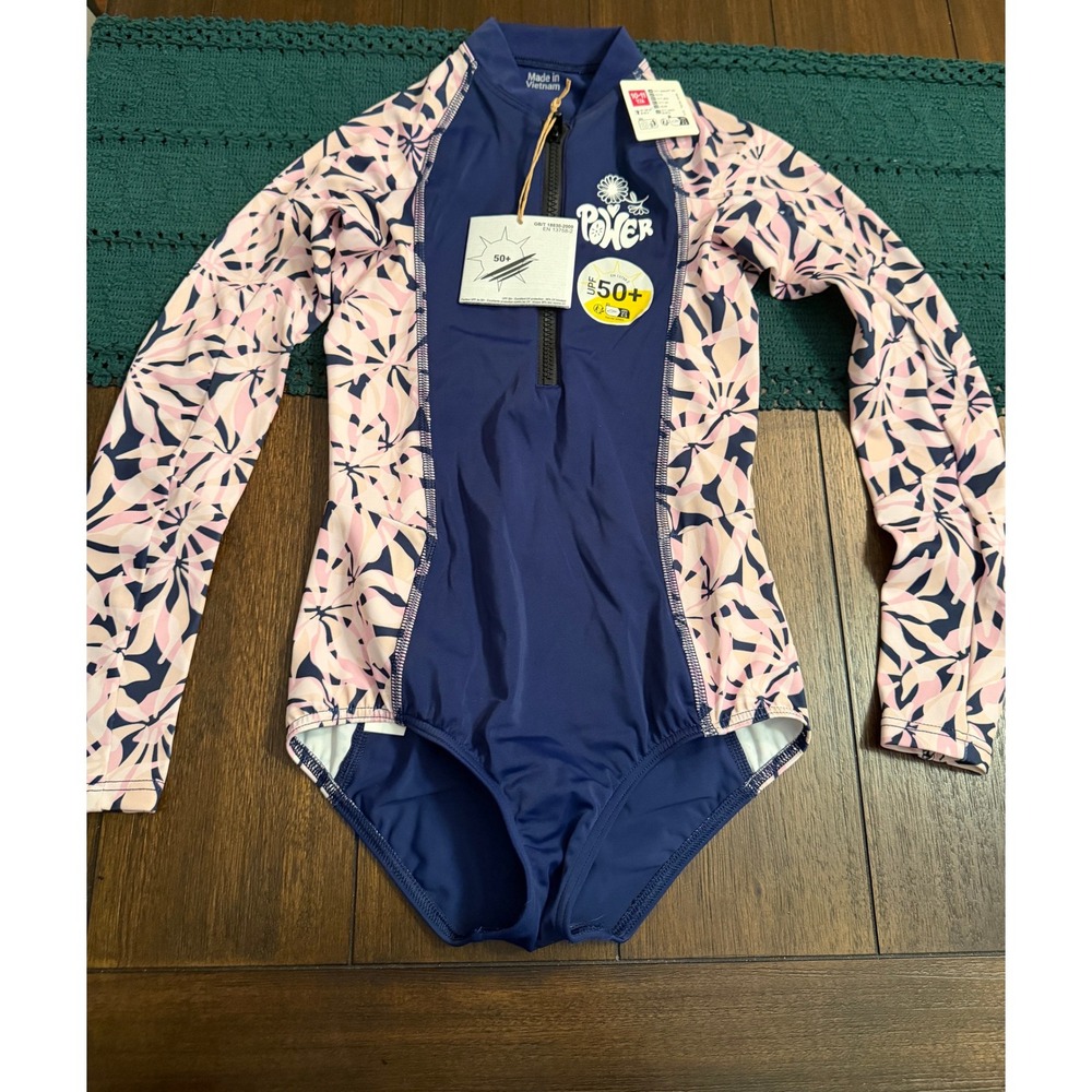 Girls Navy Pink Floral Long Sleeve One Piece Swimsuit UPF 50+ Rash Guard 10-11Y